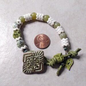 3 Wise Owls! Owl Bracelet! Easy Close Button Closure! Fire Agates + Stone Beads